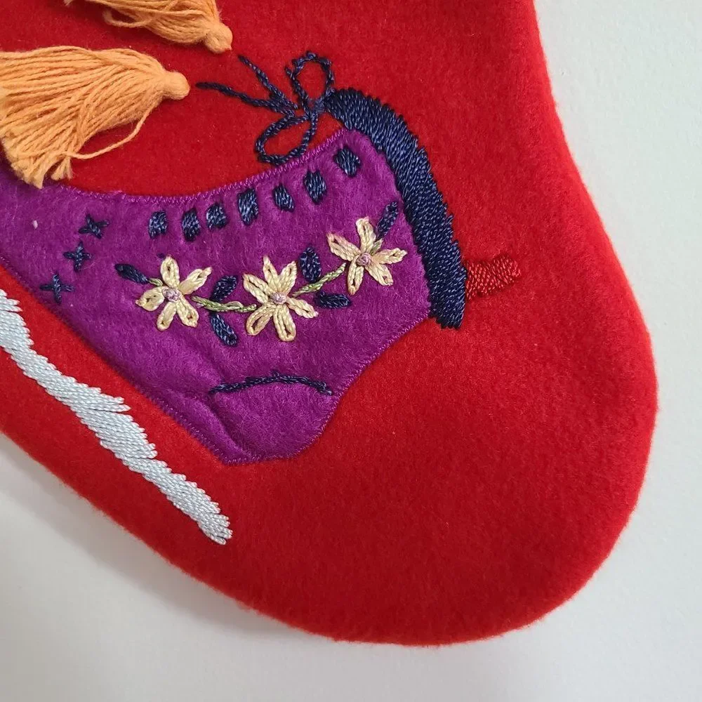 Red Felt Christmas Stocking With Embroidered and Appliqued Ice Skates and Tassel